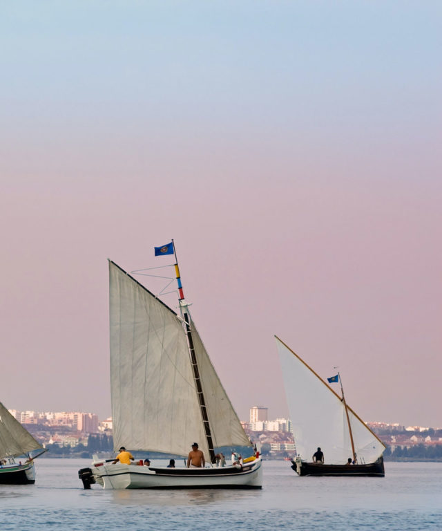 Three sailboats with people on them in open waters