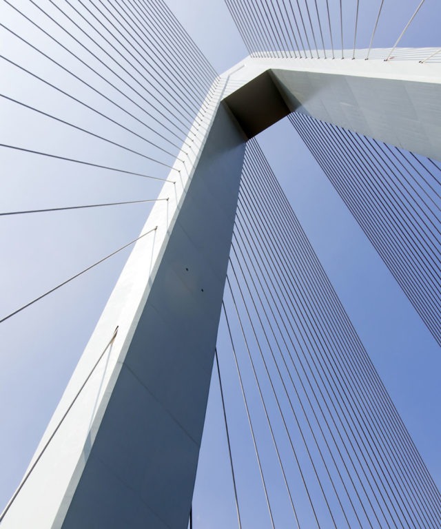 Worm's-eye view of the tower and the suspenders of a bridge