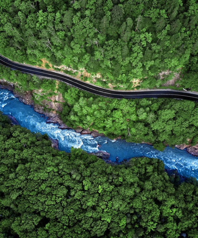 Bird's-eye view of a river and road running parallel to each other surrounded by trees