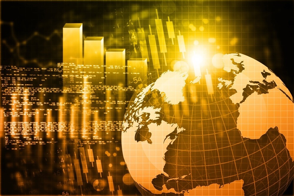 Yellow and black graphic of a globe, bar charts and code