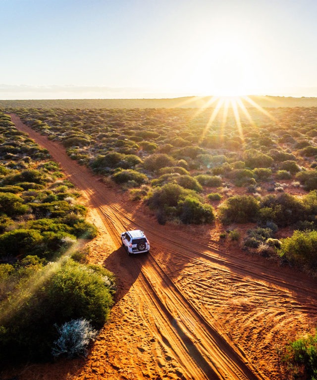 A white car traveling down a dirt road in a desert