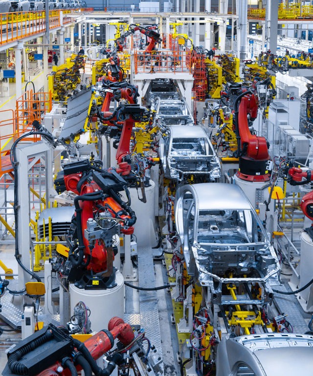 Overhead view of an assembly line in a car factory