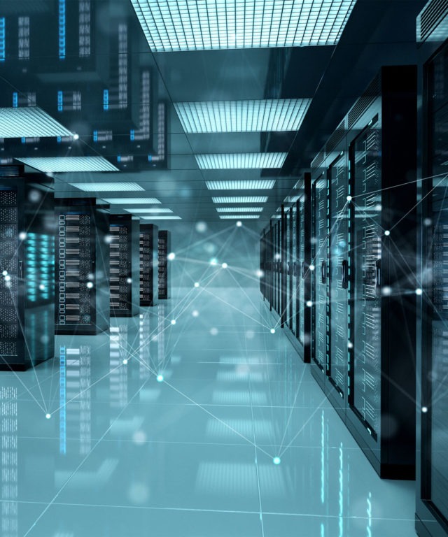 Several mainframe systems in a room and white dots connected by white lines layered over the image