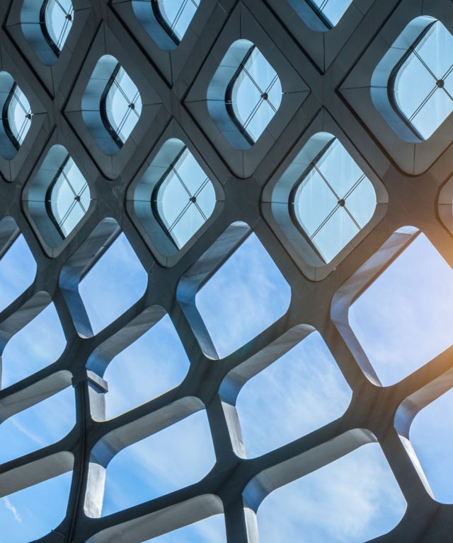 Square skylights against blue sky