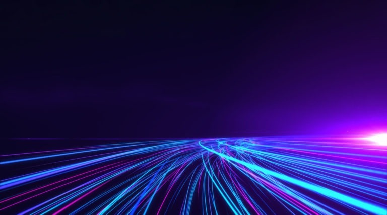 Blue and purple neons light against dark background
