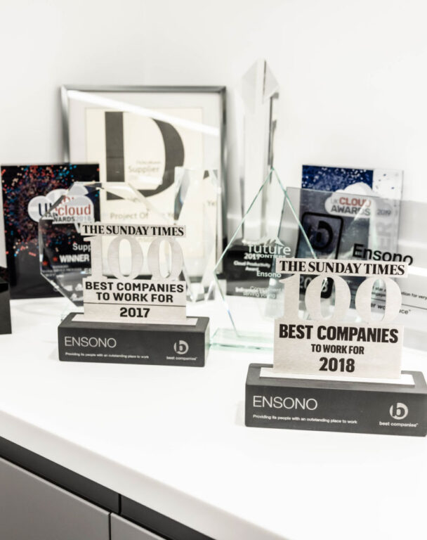 Ensono awards sitting on a desk