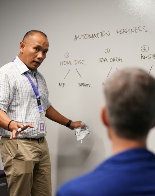 Ensono discussing automation readiness using a whiteboard