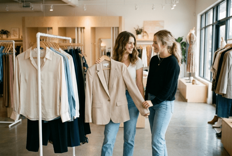 Two girls discussing about the cloths.
